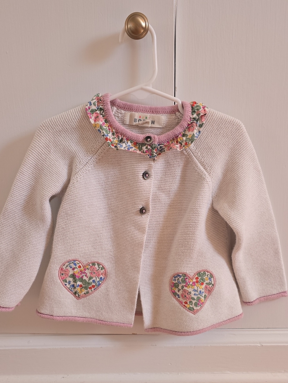 Mini Boden Cream Floral-Trim Knit Kids Cardigan